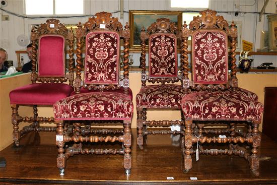 Set of six late 19th century Carolean style carved oak dining chairs